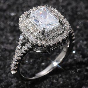 💥DOUBLE LAYER 14K WHITE GOLD RADIANT CUT PURE CZ LUXURY WEDDING RING, K856